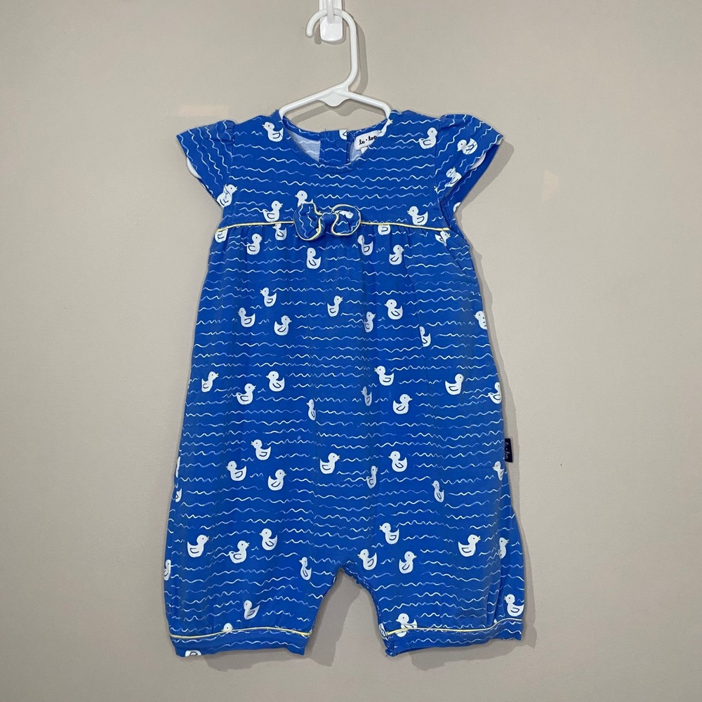 Le Top Baby Girls Blue Duck‎ Wave Print Romper Bow Accent 24M